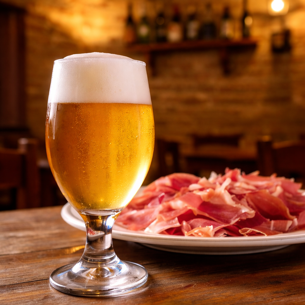 Caña y jamón ibérico en el Matador